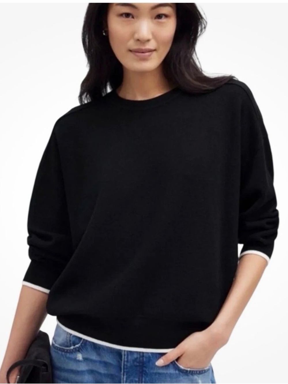 Madewell 100% Merino Wool Black Crewneck Sweater with White Contrast Trim